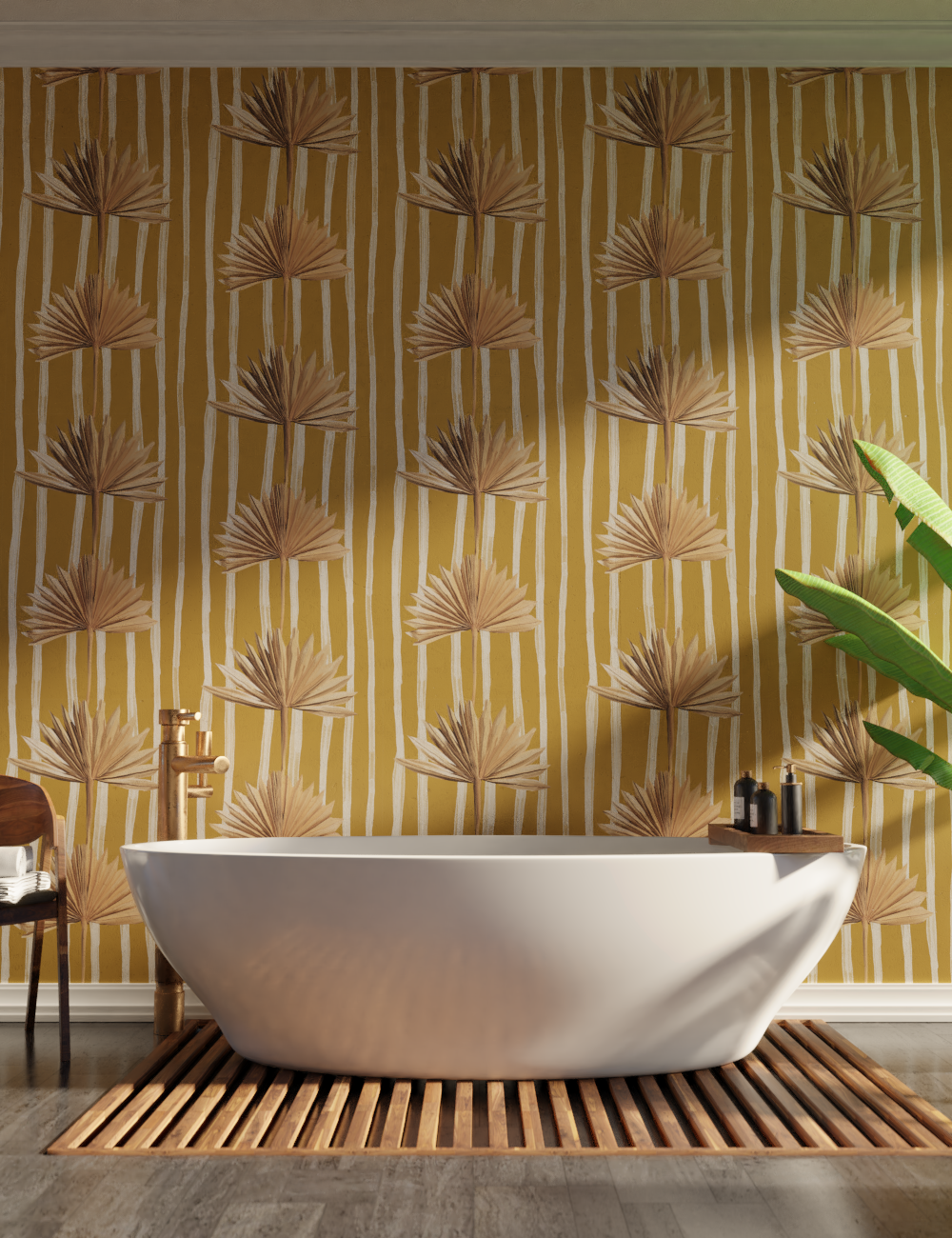 Stripey Palm Wallpaper, mustard