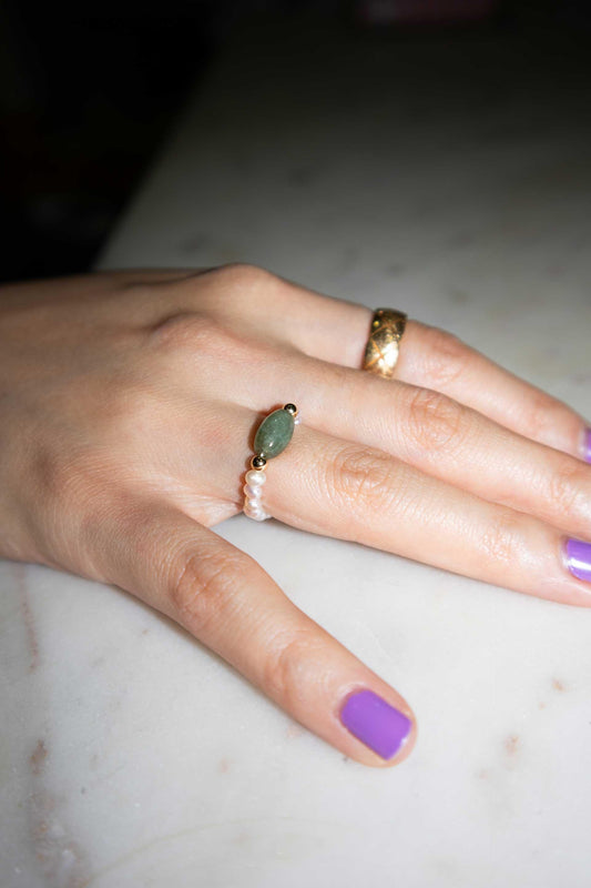 Isa — Jade and Beaded Pearl Stretch Ring