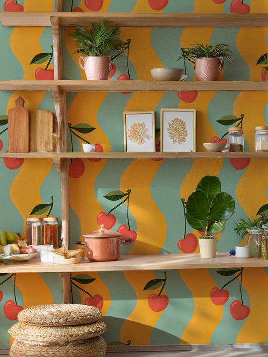 Wavy Cherry Wallpaper, yellow and teal