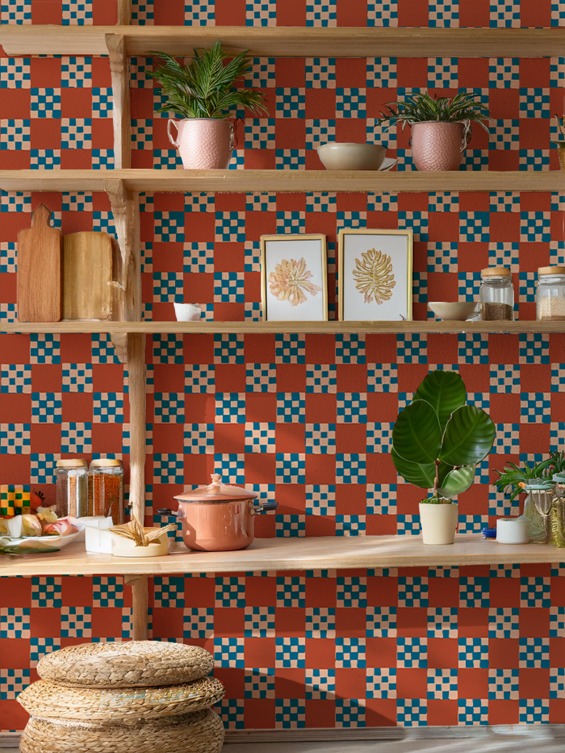 Checkered Quilt Wallpaper, rust, peach & blue
