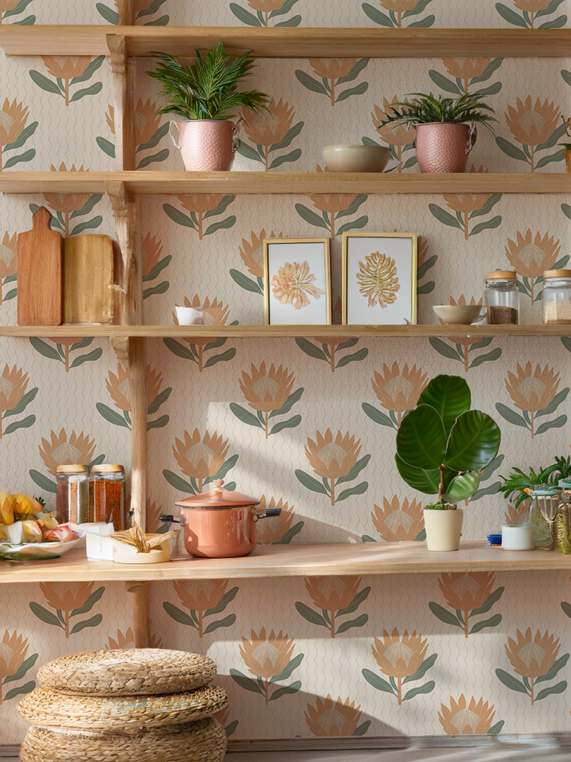 King Protea Wallpaper, neutral and apricot