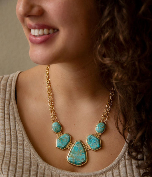 Slabs of Blue Turquoise Golden Statement Necklace