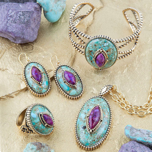 Stacked Stone Blue and Purple Turquoise Golden Pendant Chain Necklace