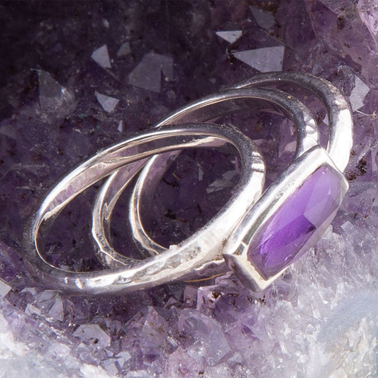 Stacking Hammered Purple Amethyst and Sterling Silver Ring Set