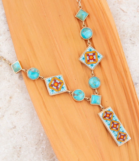 Talavera Tile and Blue Turquoise Golden Y-Neck Necklace