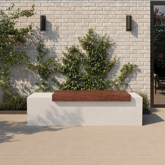 Tapered Bench with Wooden Planks - White GFRC Concrete Bench