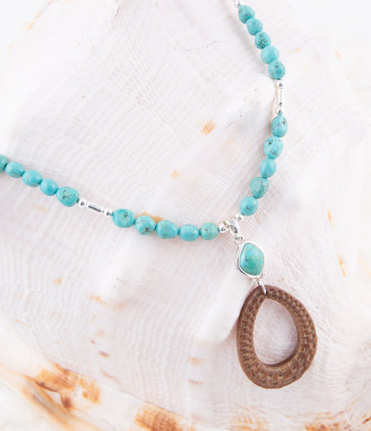 Blue Turquoise and Brown Woven Wood Pendant Sterling Silver Necklace