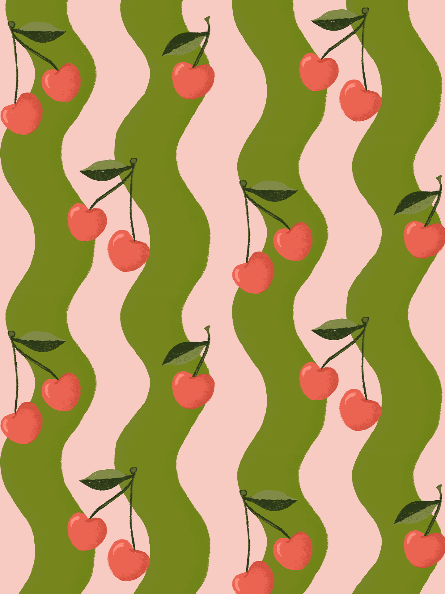 Wavy Cherry Wallpaper, pink & green
