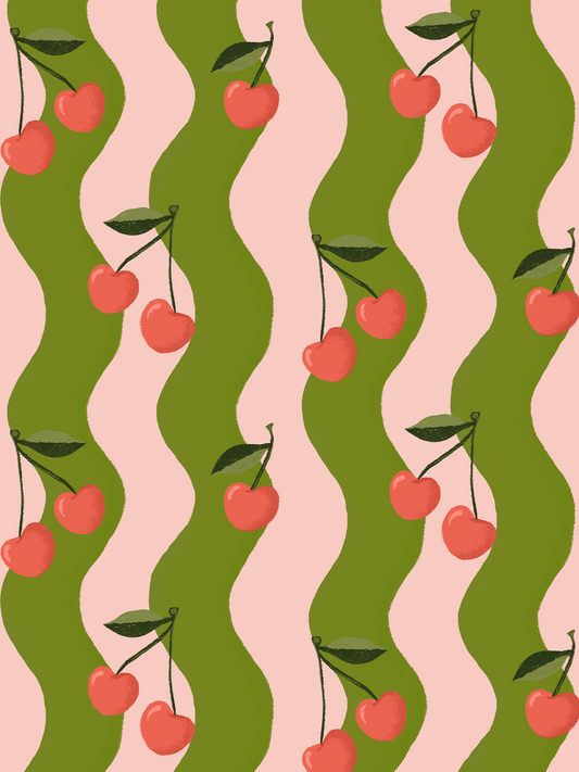Wavy Cherry Wallpaper, pink & green