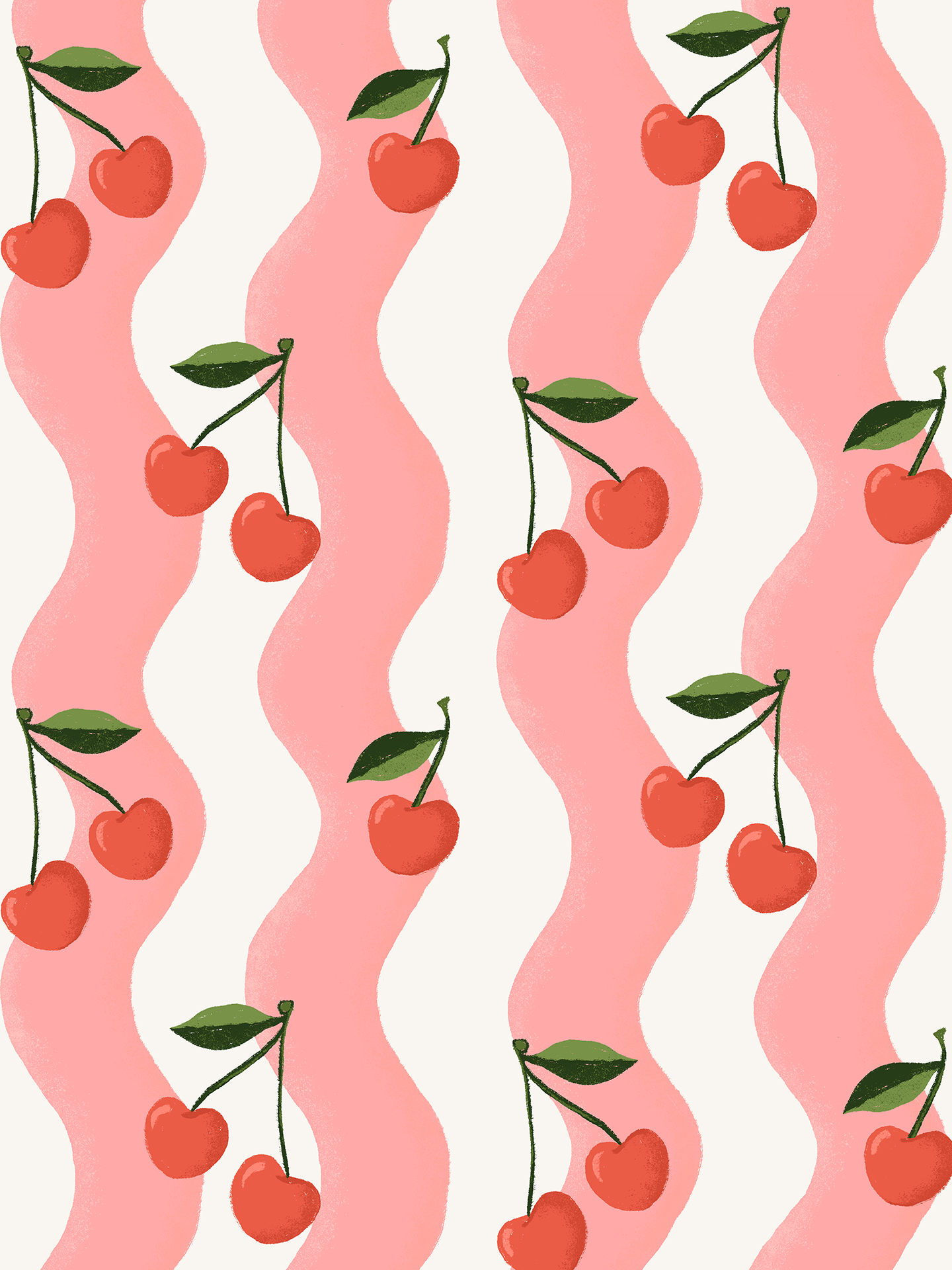 Wavy Cherry Wallpaper, white and pink