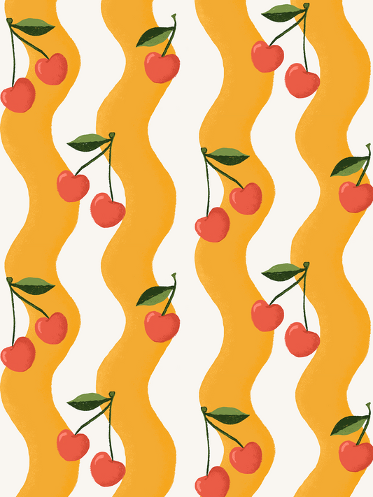 Wavy Cherry Wallpaper, white and yellow