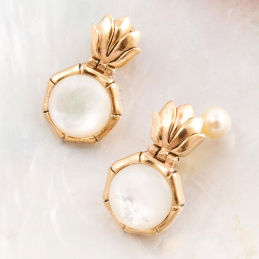 White Mother of Pearl Lotus Post Golden Drop Earrings