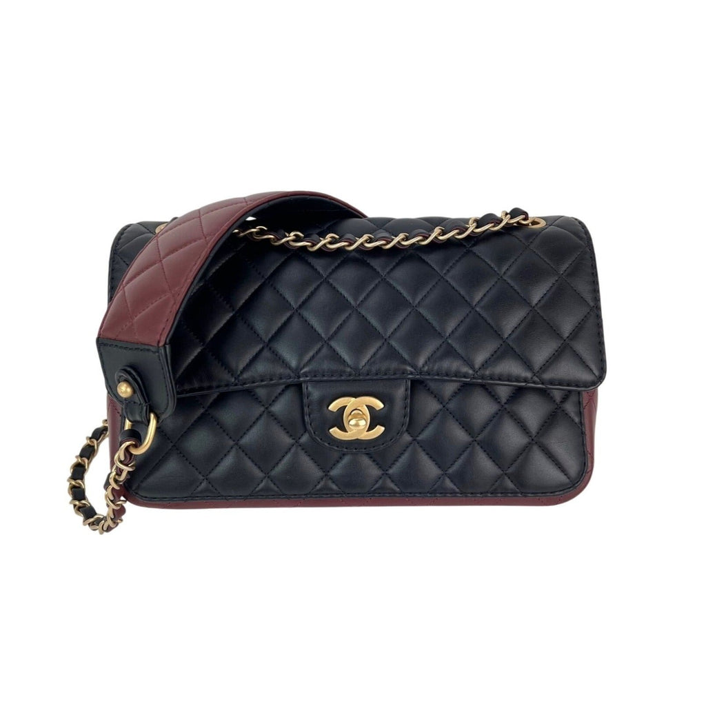 Chanel Calfskin Quilted Strap into Flap Black Burgundy Shoulder Bag