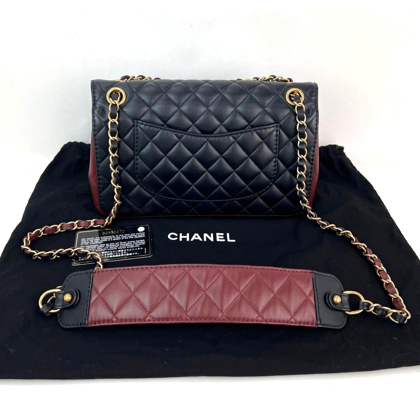 Chanel Calfskin Quilted Strap into Flap Black Burgundy Shoulder Bag