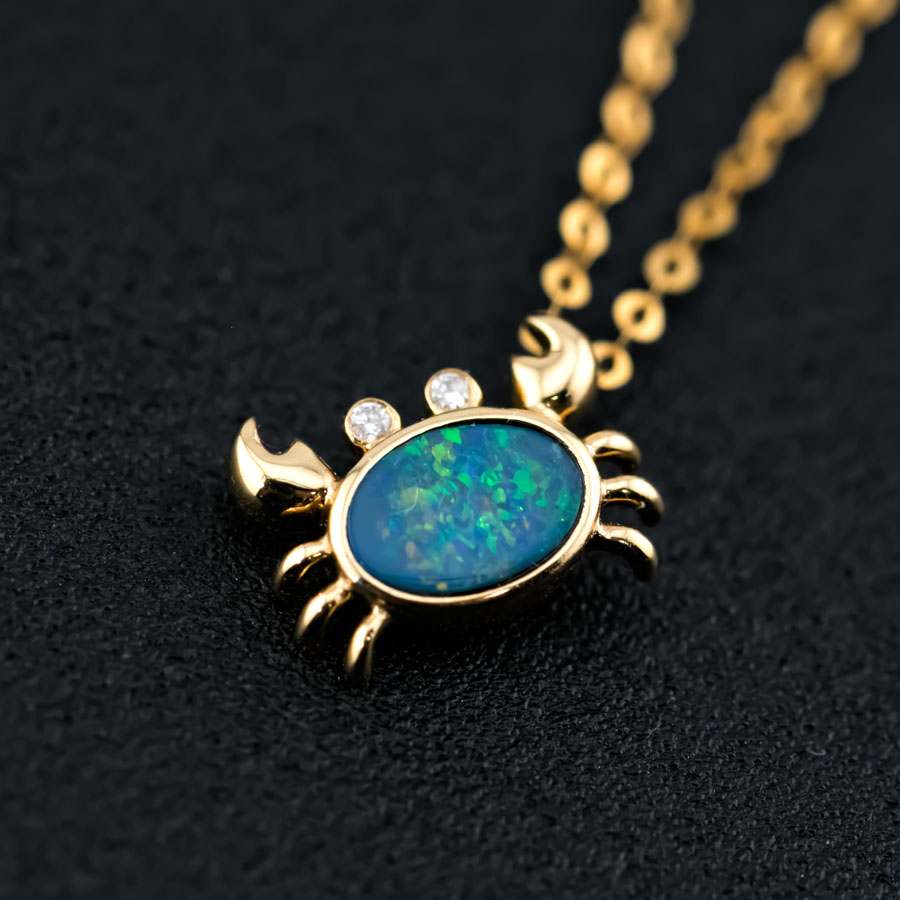 Charming Crab Australian Doublet Opal with Diamond Eyes in 18K Yellow Gold