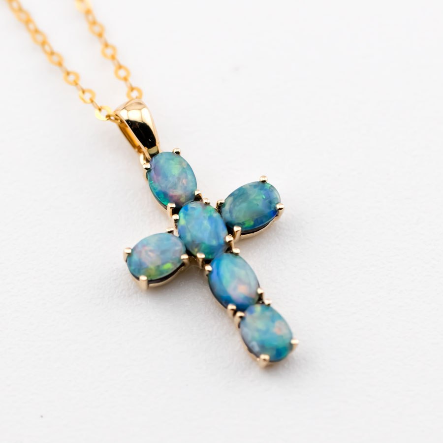 Australian Doublet Opal Cross Pendant Necklace 14K Yellow Gold