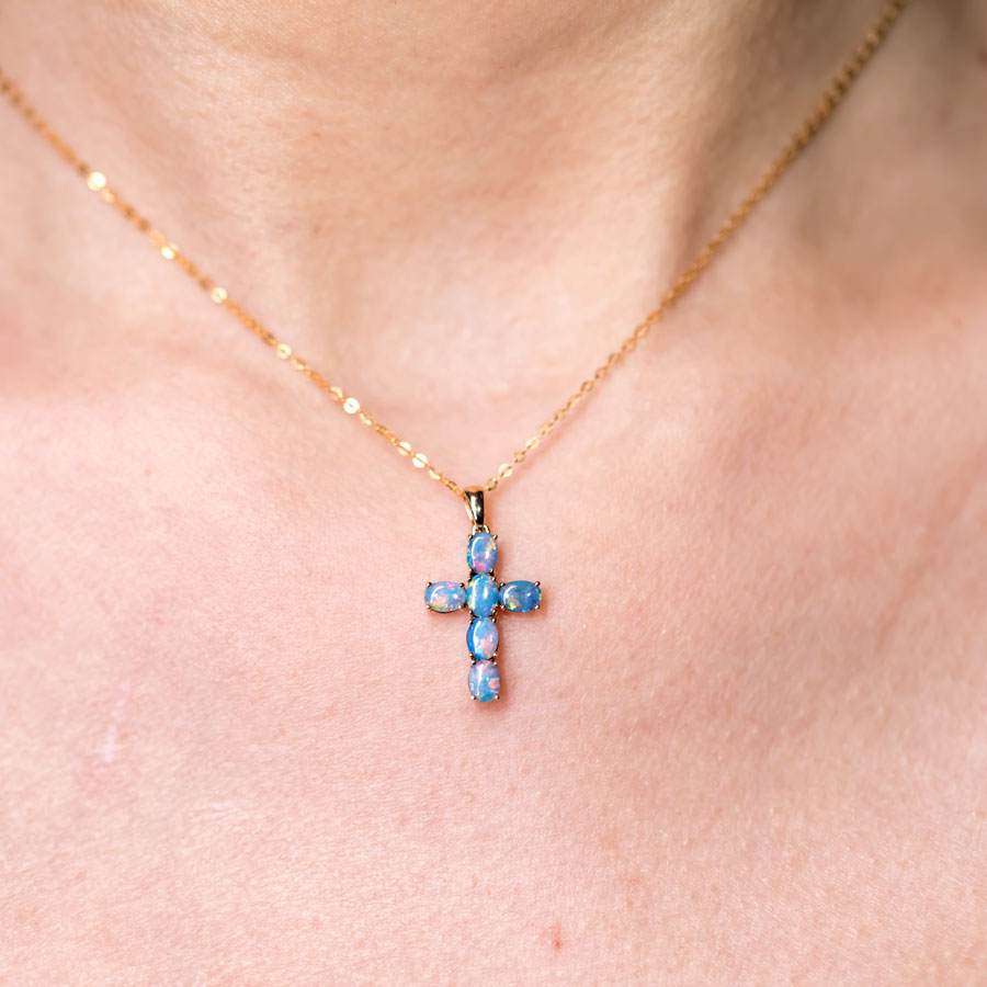 Australian Doublet Opal Cross Pendant Necklace 14K Yellow Gold