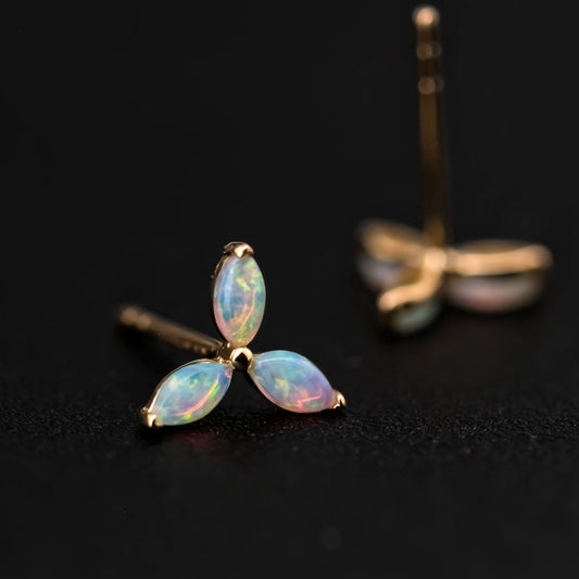 Three Stone Marquise Australian Solid Opal Stud Earrings 18K Yellow Gold