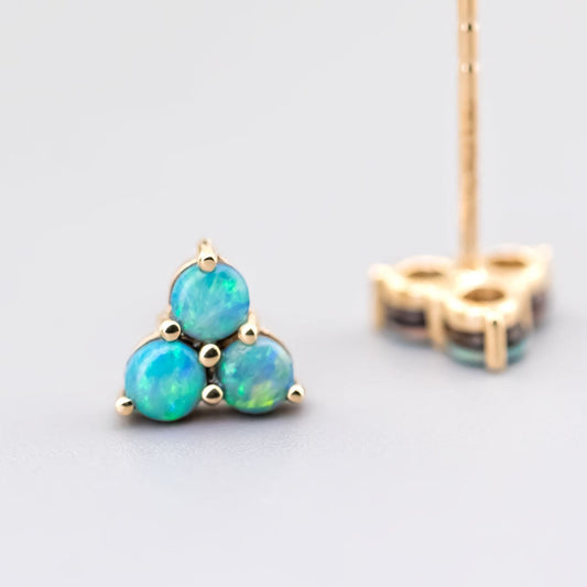 Minimalist Three Stone Australian Doublet Opal Stud Earrings 14K Yellow Gold