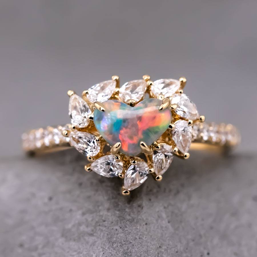 La Fiesta - Lightning Ridge Black Opal & Halo Pear Diamond Engagement Wedding Ring 18K Yellow Gold