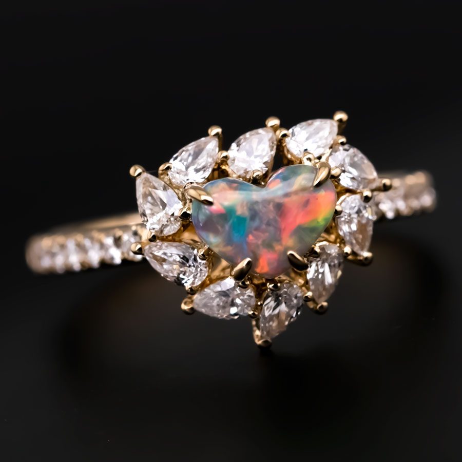 La Fiesta - Lightning Ridge Black Opal & Halo Pear Diamond Engagement Wedding Ring 18K Yellow Gold