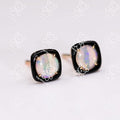 Black Agate Round Australian Solid Opal Stud Earrings 14K Yellow Gold