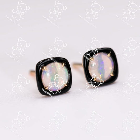 Black Agate Round Australian Solid Opal Stud Earrings 14K Yellow Gold