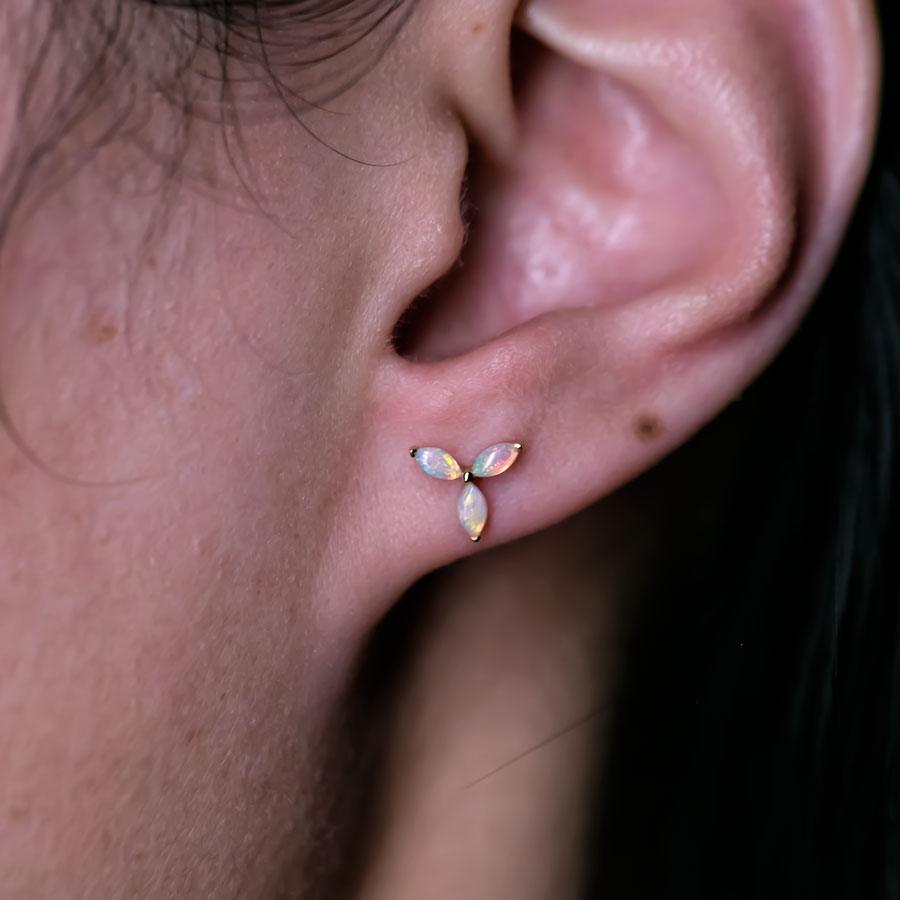 Three Stone Marquise Australian Solid Opal Stud Earrings 18K Yellow Gold