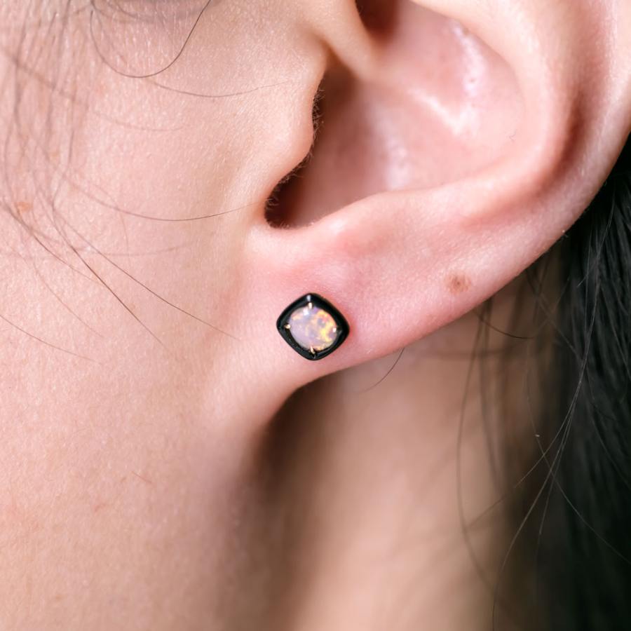 Black Agate Round Australian Solid Opal Stud Earrings 14K Yellow Gold