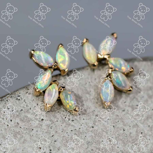 Feather Design Australian Solid Opal Stud Earrings 14K Yellow Gold