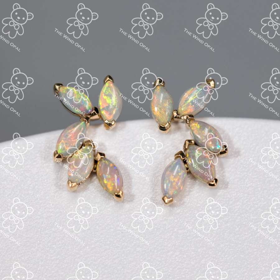 Feather Design Australian Solid Opal Stud Earrings 14K Yellow Gold
