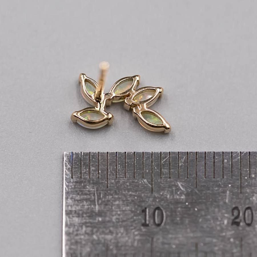 Feather Design Australian Solid Opal Stud Earrings 14K Yellow Gold