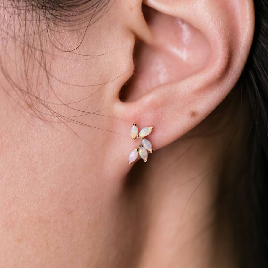 Feather Design Australian Solid Opal Stud Earrings 14K Yellow Gold