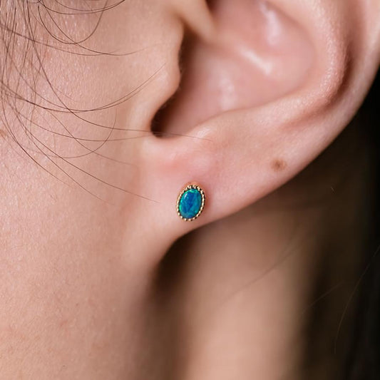 Minimalist Oval Doublet Opal Stud Earrings 18K Yellow Gold