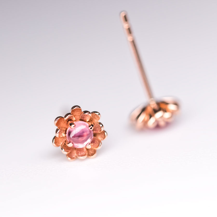 Peony Flower Stud Earrings with Pink Sapphire 14K Rose Gold