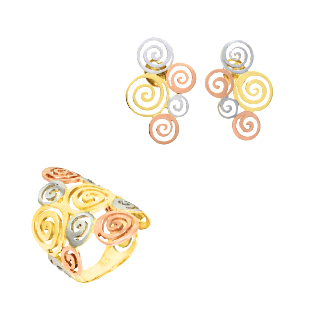 Three Tone 18k gold set with openwork in spiral form. ; CHS-30418 / CHA-30419