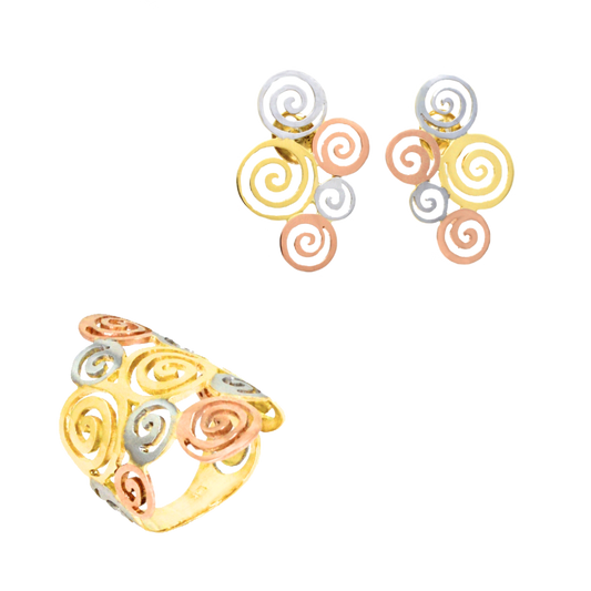 Three Tone 18k gold set with openwork in spiral form. ; CHS-30418 / CHA-30419