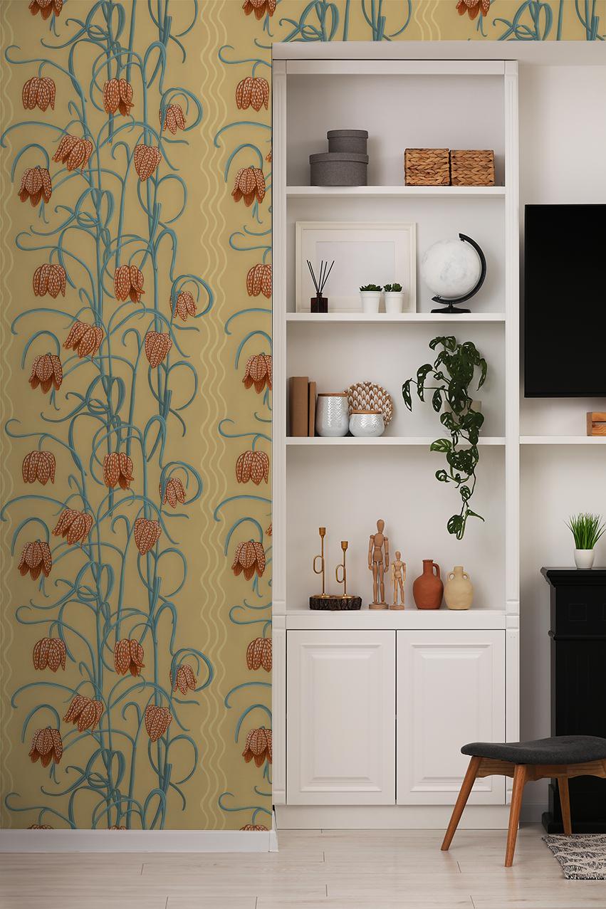 Campanas Wallpaper, butter yellow & slate blue