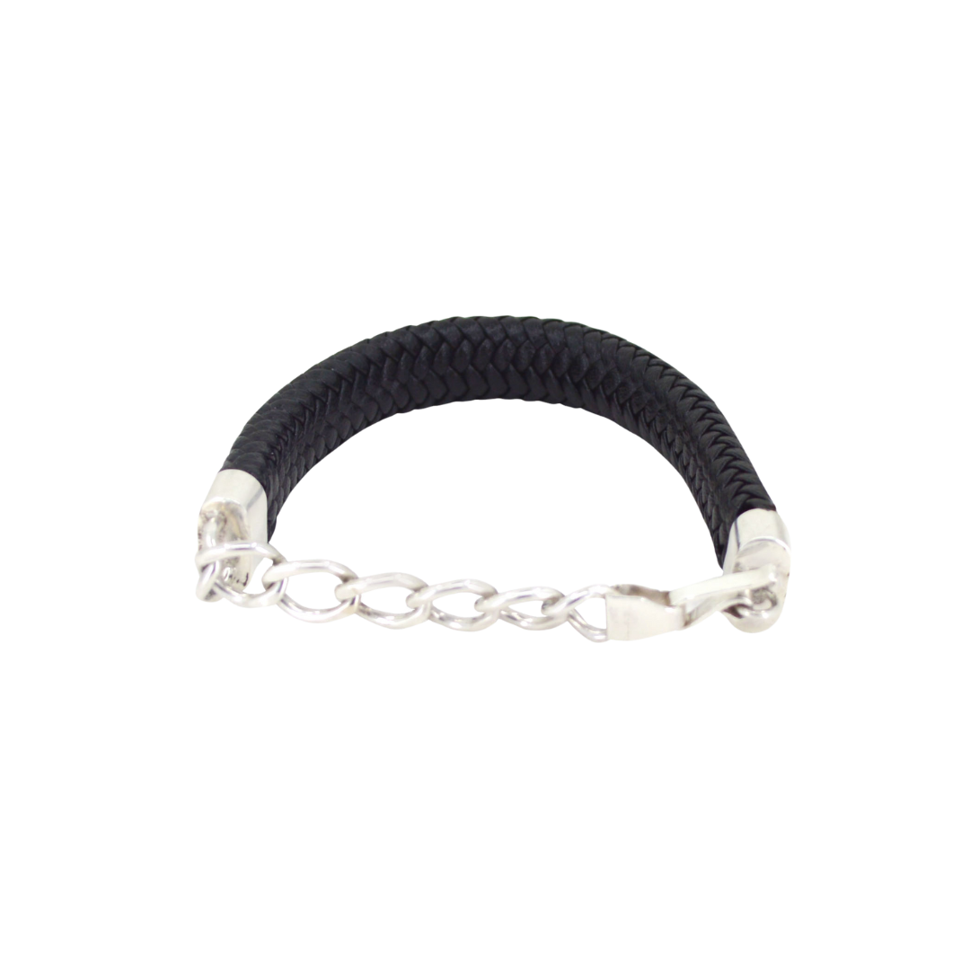 Wide leather bracelet with chain and clasp in 18K white gold. H-16