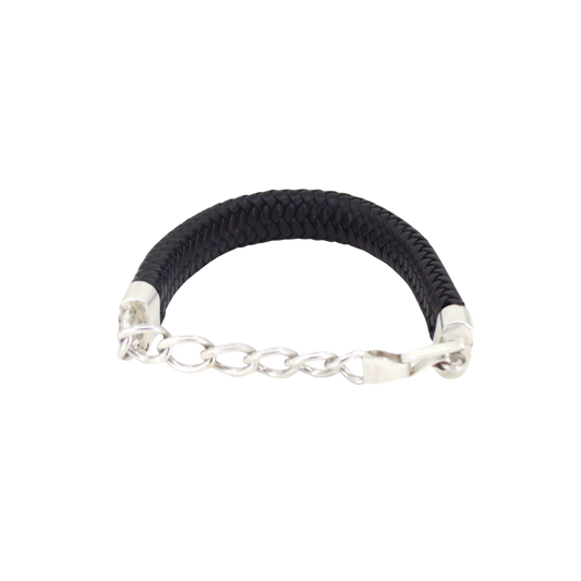 Wide leather bracelet with chain and clasp in 18K white gold. H-16