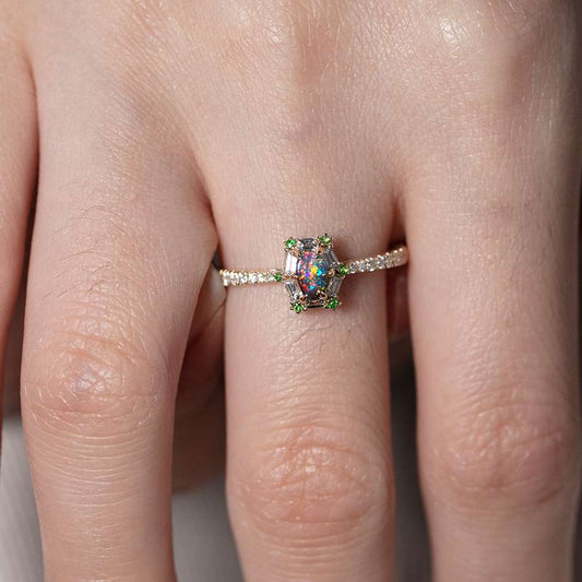 The One - 14K Gold Boulder Opal, Baguette Cut Diamond Engagement Ring