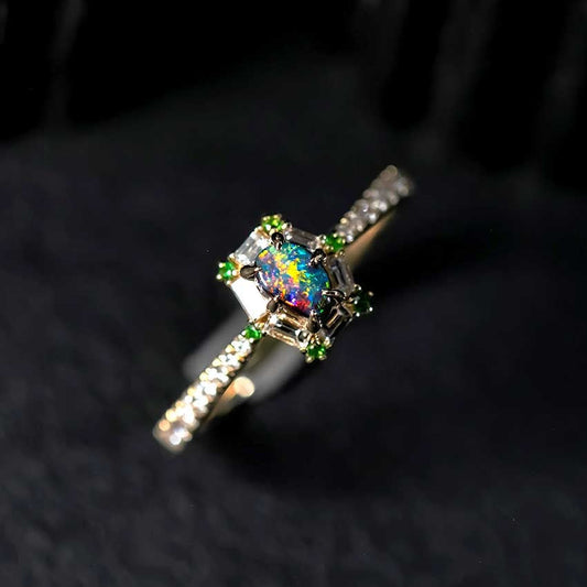 The One - 14K Gold Boulder Opal, Baguette Cut Diamond Engagement Ring