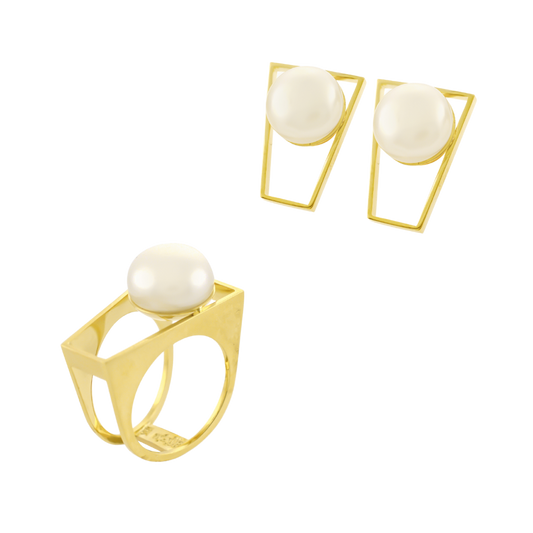 18K yellow gold set with button pearl framed in geometric band CHS-31594 / ADAA-3005