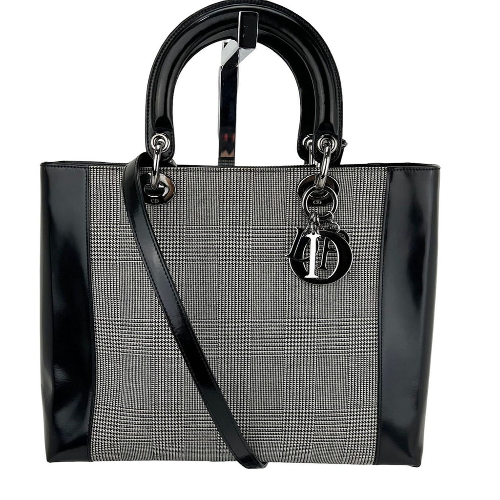 Christian Dior Large Lady Black Patent Leather Canvas Hand Bag