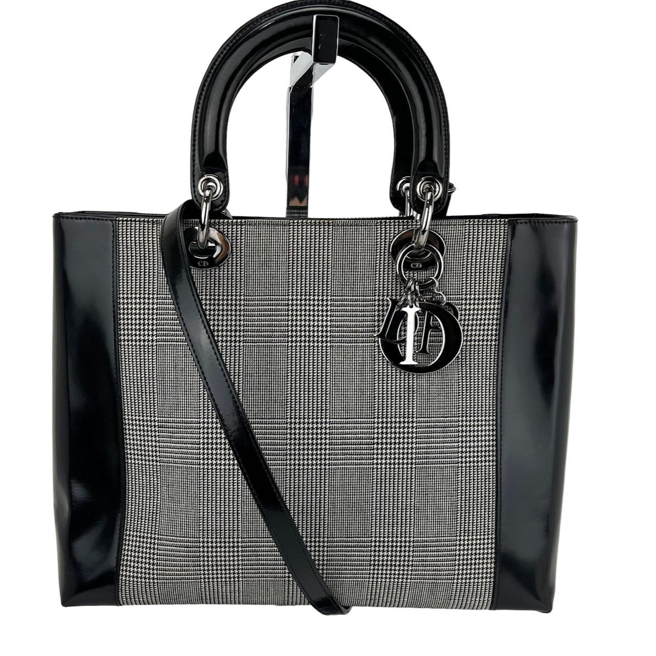 Christian Dior Large Lady Black Patent Leather Canvas Hand Bag