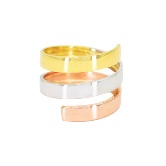 Ring in three shades of gold is spiral, 18K yellow, white and rose gold. CHS-30827