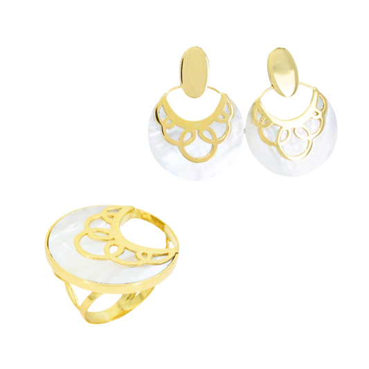 18K yellow gold set of earrings and ring of white mother-of-pearl with circular openwork&nbsp; CHS-30877 / CHA-28796