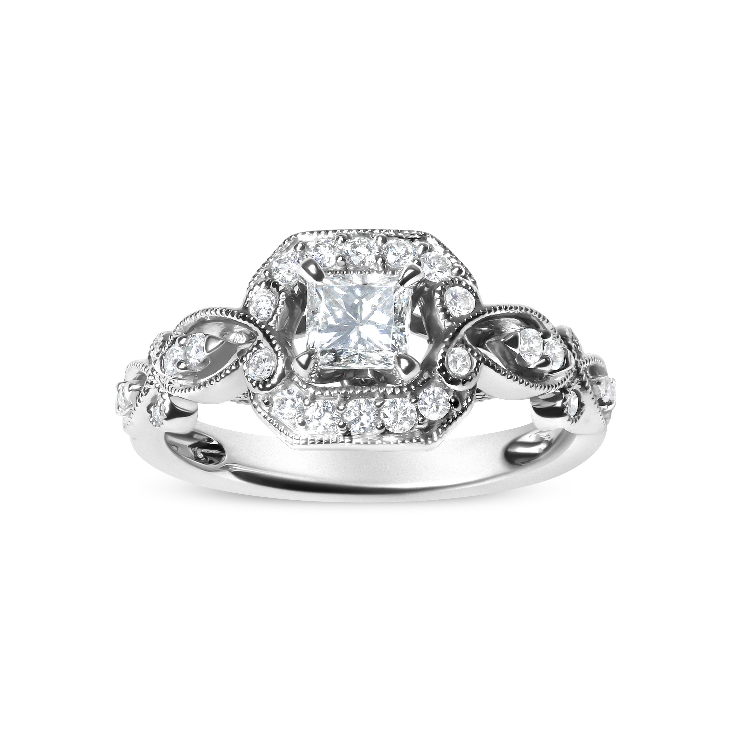 14K White Gold Diamond 3/4 Cttw Diamond Halo Style and Woven Shank Engagement Ring (G-H Color, VS2-SI1 Clarity) - Size 7