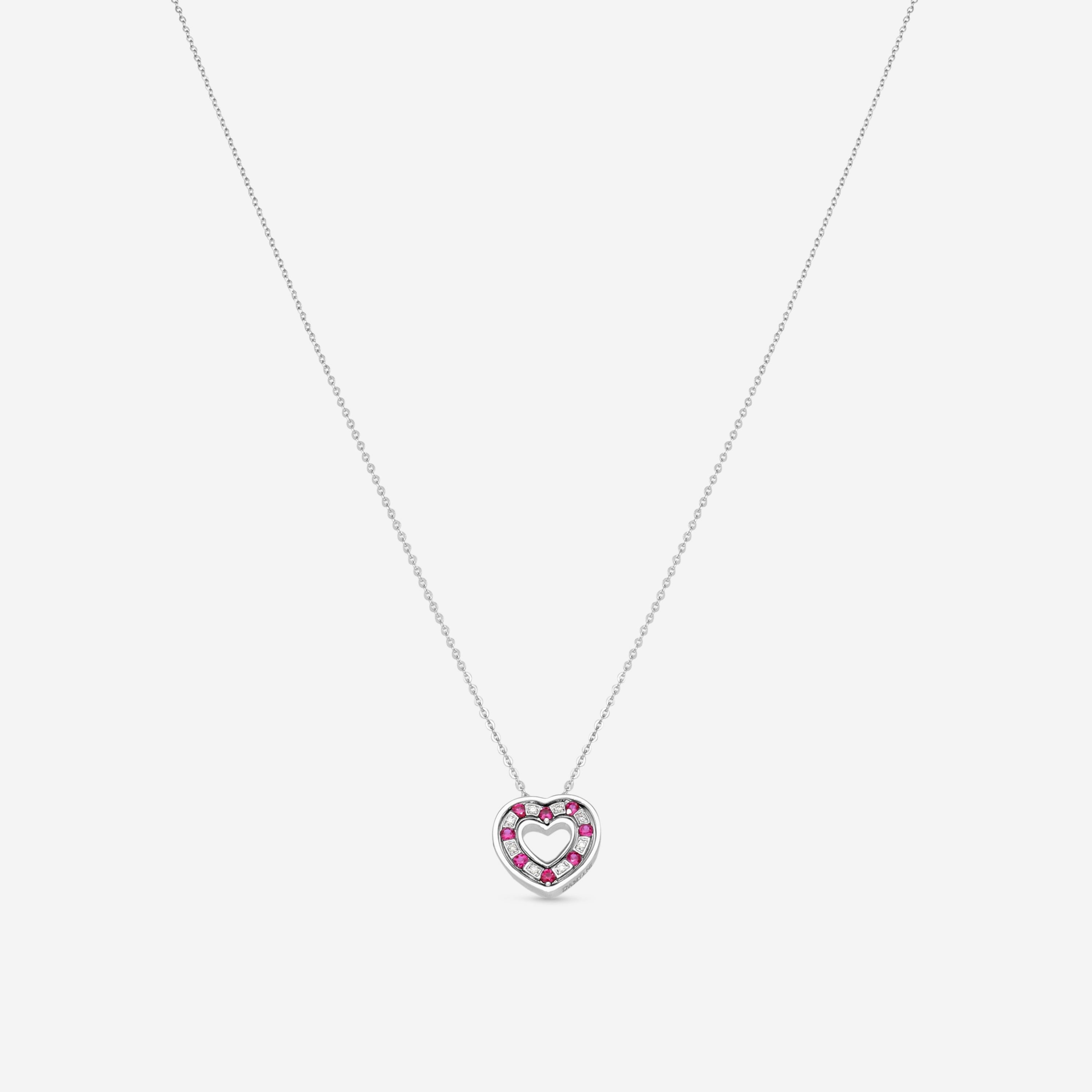 Damiani 18K Whıte Gold Diamond & Rubies Heart Pendant Necklace 20061334