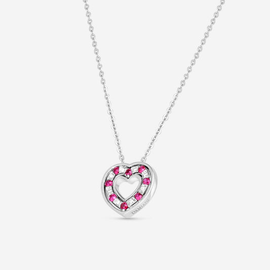 Damiani 18K Whıte Gold Diamond & Rubies Heart Pendant Necklace 20061334